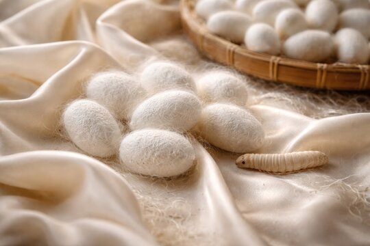 Natural silk production with white silkworm cocoons resting on delicately textured textile fabric
