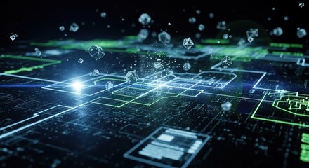 Fototapeta premium Abstract digital circuit board with glowing lines and floating spheres in a futuristic technological concept.