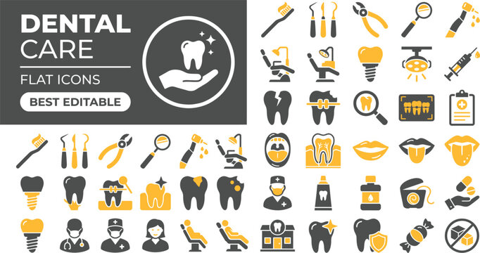 Dental care solid icon set featuring dentist clinic tooth, oral hygiene brush, braces implant, and medical checkup vector symbols