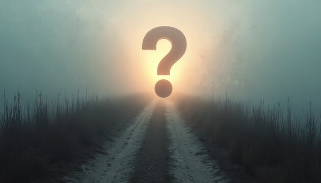 Foggy path ahead with giant question mark symbol at sunrise. Symbolizes unknown future, doubt or choice. Represents search for answers or life journey.