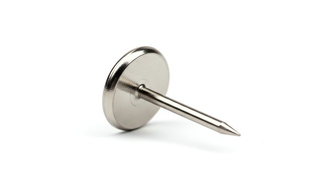Close-up of a metallic push pin on a white background for office or craft use.