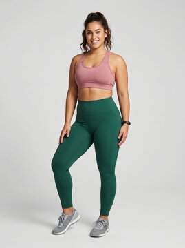 Attractive young woman in athletic wear posing confidently in a studio setting showcasing active lifestyle fashion and fitness apparel