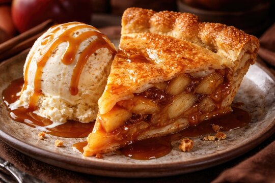 Tasty slice of apple pie served alongside smooth vanilla bean ice cream topped with caramel sauce
