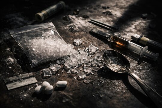 Close up view of spilled ice and drug paraphernalia casting dark shadows for addiction awareness
