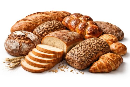 Assorted types of bread placed neatly on a white backdrop
