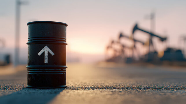 oil barrel marked with an upward arrow stands on a road with pumpjacks in the background, symbolizing increasing oil prices, energy demand, and global market trends