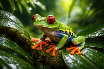 Fototapeta premium Vibrant amphibian perched on dense tropical plant foliage