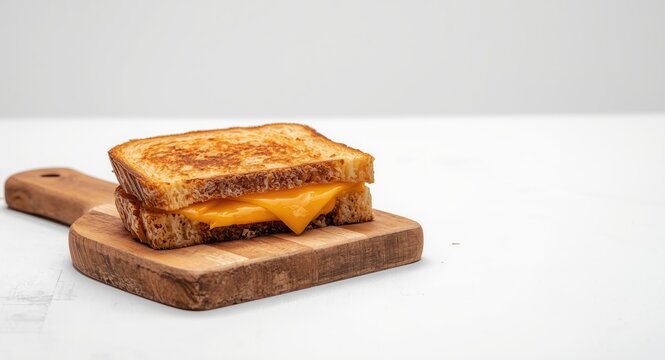 Tasty toasted cheese sandwich placed on rustic wood plank with simple white background and copy space