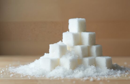 Stack of white sugar cubes and loose sugar grains on a wooden surface. This photo represents excess sugar consumption and unhealthy eating habits. Concepts relate to diet and diabetes awareness.