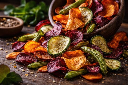 Crispy organic vegan vegetable chips crafted from assorted dried vegetables