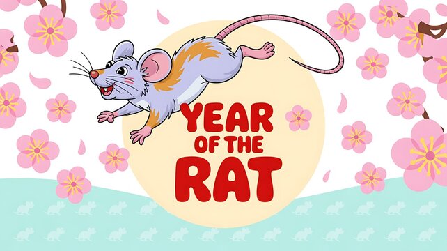 Year of the rat lunar new year illustration with happy cartoon mouse jumping over cherry blossoms, greeting