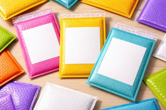 Bright bubble mailers set in multiple dimensions with clear space for text customization for parcels