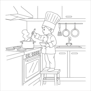 Young child in chef hat happily cooking in a detailed kitchen line art illustration