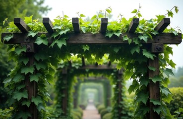Fototapeta premium Wooden pergola covered in green ivy vines. A garden path leads through arched openings in the verdant outdoor space. Rich foliage drapes over the structure creating a natural tunnel effect.