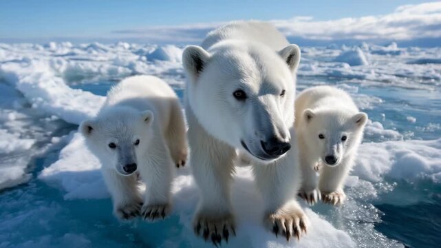 Polar bear mother with twin cubs navigates fractured sea ice beneath dramatic arctic sky, revealing vast open water between shrinking ice floes, climate change impact visible, perf