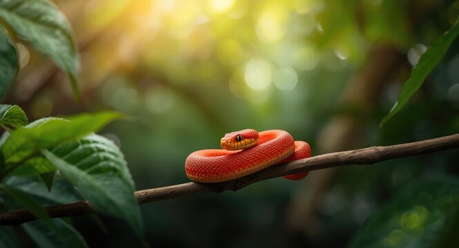 High resolution photo of a red boiga snake hatchling on a leafy branch