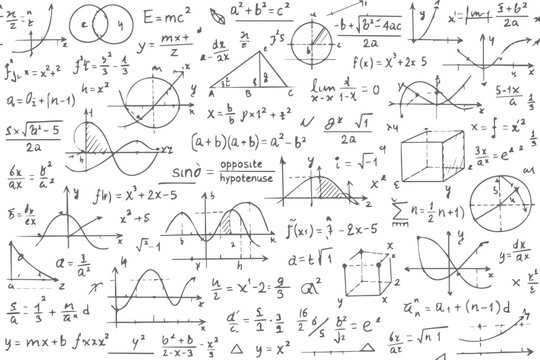 A seamless pattern of hand-drawn math and science formulas features algebra sketches and education doodles on a school blackboard illustration for college physics and chemistry design