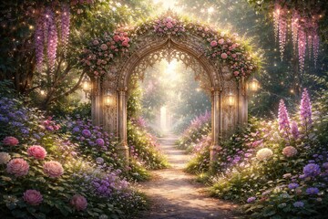 Fototapeta premium Fairy tale style garden with ornate archway surrounded by sparkling flora