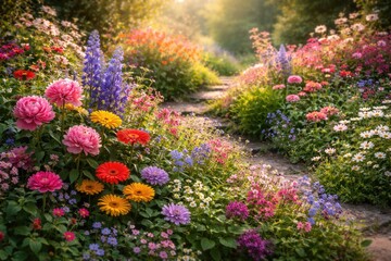Obraz premium Harmony of Colorful Flowers Flourishing in Calm Natural Garden Setting