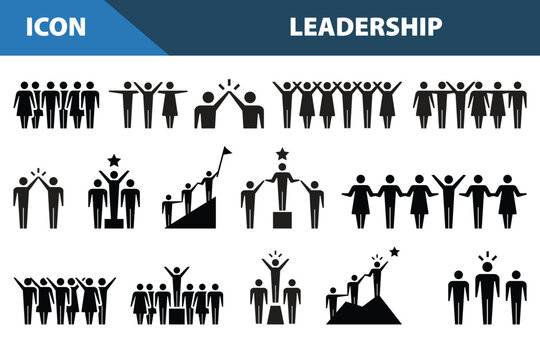 Leadership and Teamwork Icons Set, Business People Leadership, Success, Team Collaboration Silhouettes