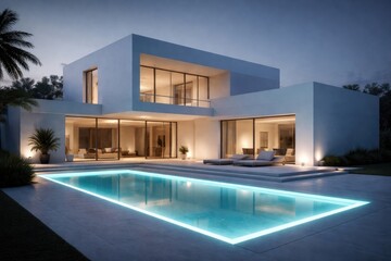 Fototapeta premium Minimalist architectural rendering showing a white house and glowing neon pool lights