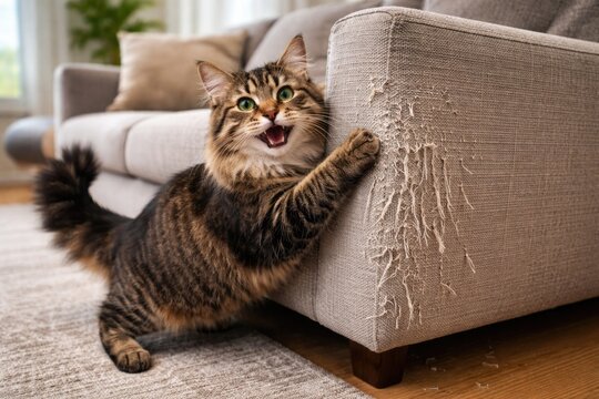 Happy cat damaging sofa with durable scratch resistant layer