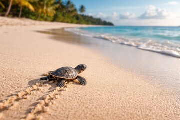 Obraz premium Baby turtle slowly advancing across pristine tropical shore leaving trail behind