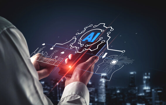 Innovative Technology Concept with Artificial Intelligence Graphics and Mobile Device in a Modern Urban Environment Quark.