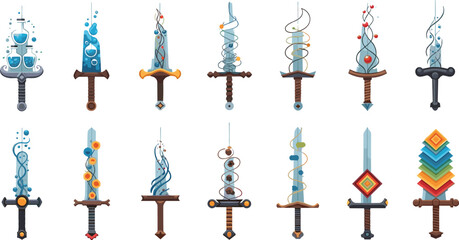 Fantasy magic sword collection with elemental effects, energy blades and enchanted weapons in detailed flat style for game assets and RPG design © AntarChandra
