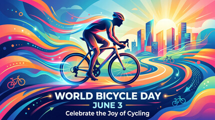 Fototapeta premium Colorful urban cycling scene with vibrant motion waves expressing freedom energy and sustainable lifestyle movement for global awareness campaign creative poster design