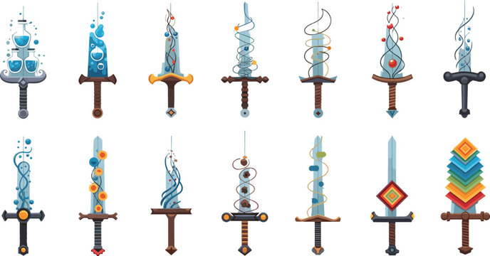 Fantasy magic sword collection with elemental effects, energy blades and enchanted weapons in detailed flat style for game assets and RPG design