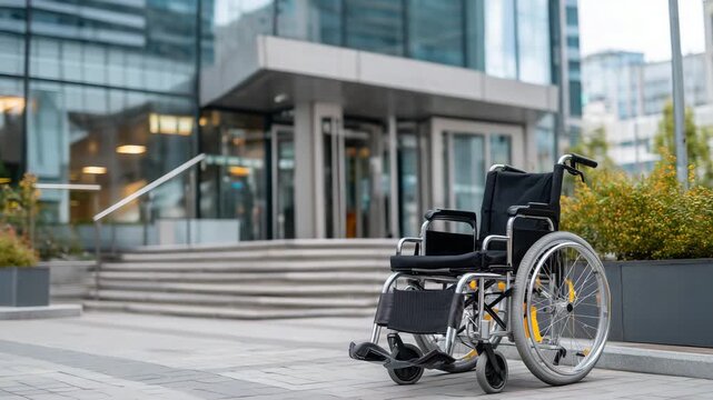 Single wheelchair positioned before office building entrance with steep stairs highlighting architectural barriers to employment accessibility, ideal for disability rights workplac