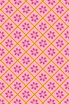 Elegant repeating pattern featuring symmetrical pink flowers arranged within yellow diamond frames creates a vibrant and cheerful graphic design suitable for textile printing or colorful wallpaper