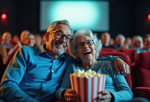Elderly couple enjoys movie in cinema hall. Smiling pair shares popcorn bucket watching film on screen in theater. Happy seniors laugh together during date night with snacks.