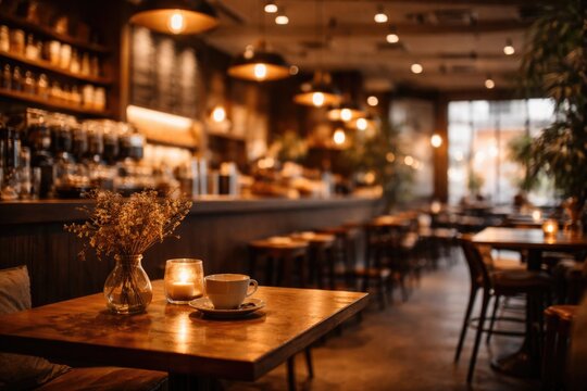 Stylish cafe interior exhibiting a warm and inviting blurred backdrop