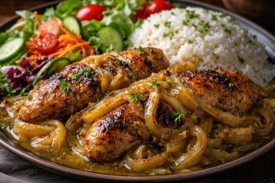 Close shot of marinated Senegalese Yassa chicken and caramelized onions served alongside crisp salad and fluffy rice