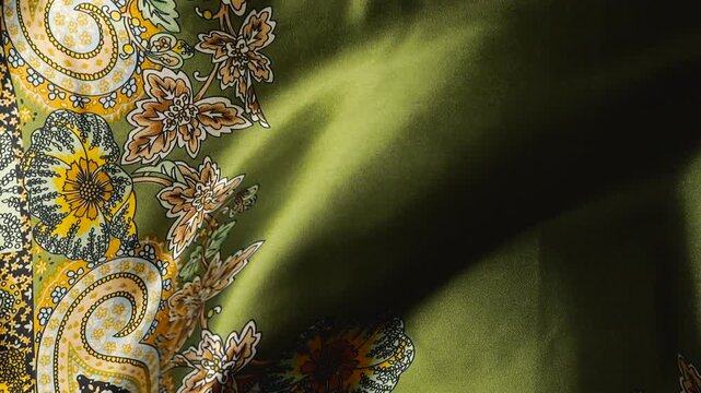 Natural silk fabric with oriental floral pattern waving in the wind. Abstract green and gold silk texture background with soft waves and light. Beautiful silk textile with paisley ornament.
