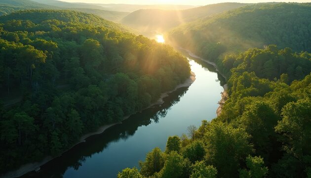 Sunlight streams across winding river through rich green Ozark mountains. Peaceful valley landscape with forest hills, tranquil blue water reflecting sky. Nature scene perfect for travel relaxation