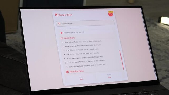 Modern digital recipe book UI on a laptop screen. User browses a clean catalog of dishes, selects Chicken Curry, and views ingredients with cooking steps. Perfect for smart kitchen technology, mobile