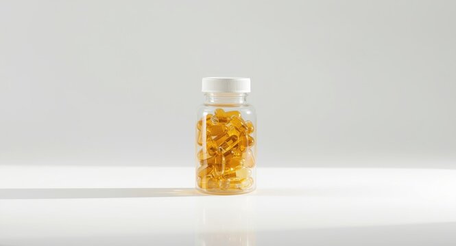 Transparent bottle filled with omega three fish oil and vitamin E capsules on white