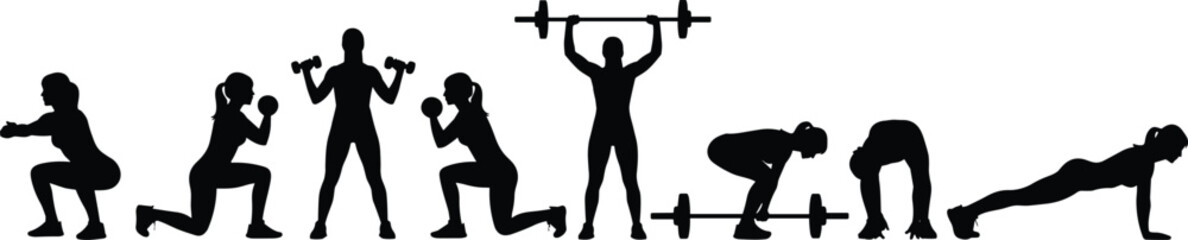 Naklejka premium Black silhouette vector set of strength training exercises, fitness workout poses with dumbbells and barbells for gym, health, sport, and illustration