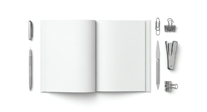 Open blank notebook with various stationery items arranged around it for writing and note-taking.