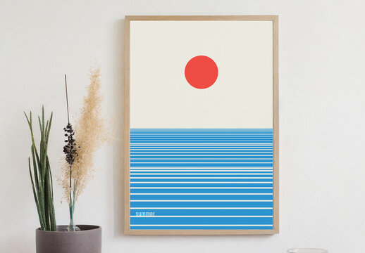 Summer Decoration Wall Poster with Abstract Bauhaus Ocean Sunset View