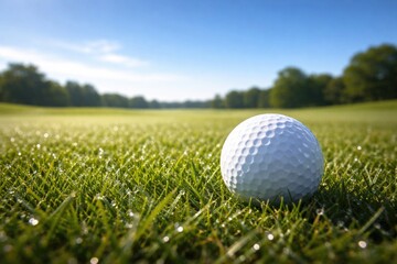 Obraz premium Clear blue sky above golf ball lying on damp fairway grass
