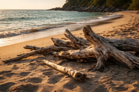 Sunlit driftwood pieces lying on a quiet sandy beach