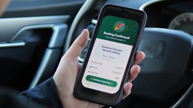 Seamless travel booking on the go. A user confirms a high-end tour reservation via mobile app while in a car. Ideal for travel tech commercials, digital lifestyle content, and e-commerce app reviews