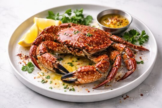 High resolution image of a velvet crab dish presented on a simple white backdrop