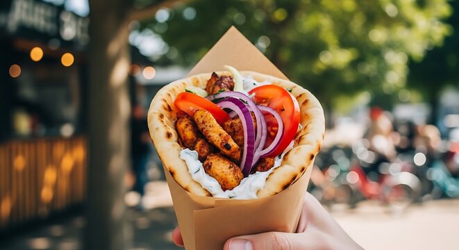 A hand holding a delicious chicken gyro wrapped in paper with tomato, onion, and tzatziki sauce.
