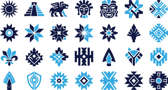Collection of cultural and symbolic icons Native American and Mayan motifs.