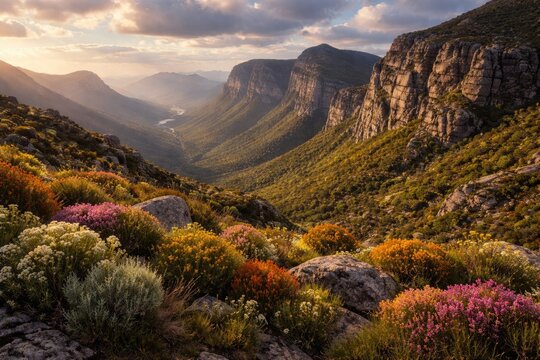 Majestic mountain vista showcasing lively fynbos bushes and rugged cliffs